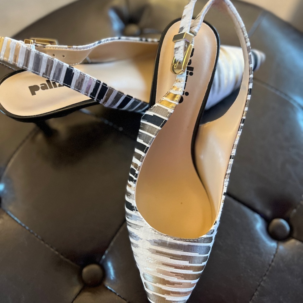 Classy Sling-back heels.  Beautiful and unique.  Stripe gold, black, tan!